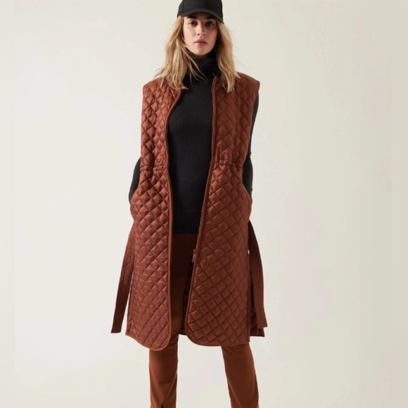 ATHLETA whisper featherless long puffer belted vest in copper Mahogany - Picture 1 of 9
